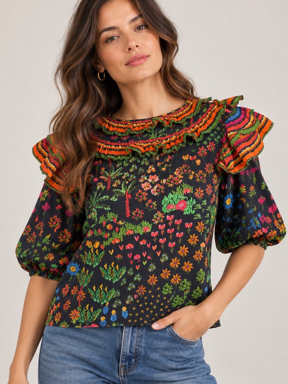 FARM Rio Fruit Garden Ruffle Blouse Multicolor Floral Cotton Size S